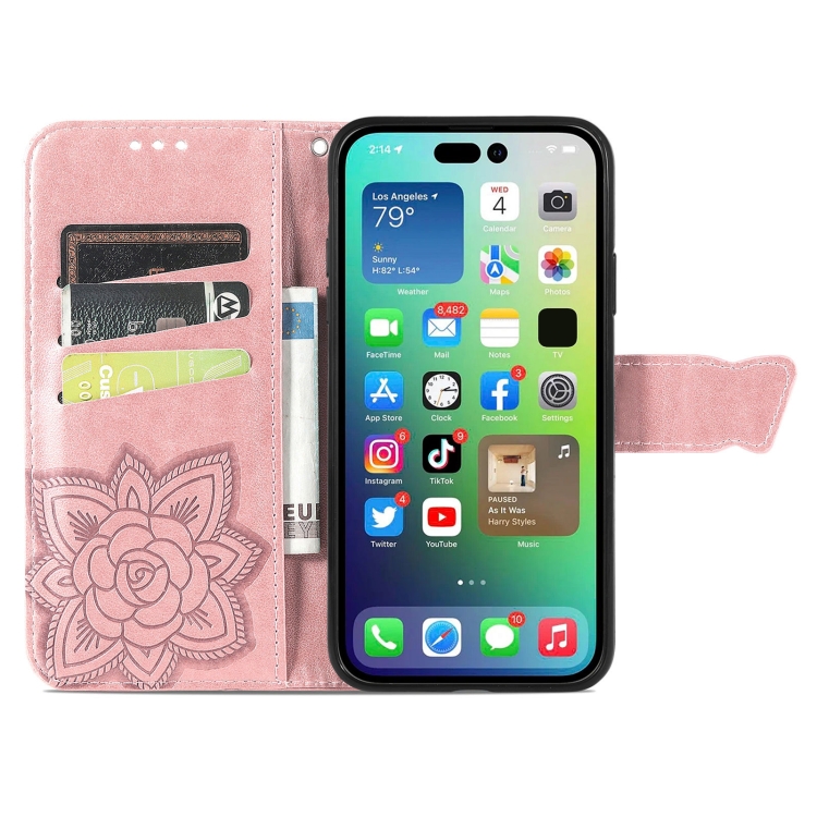  iPhone 15 Pro Max Fodral Läder Fjäril Tryck Roséguld