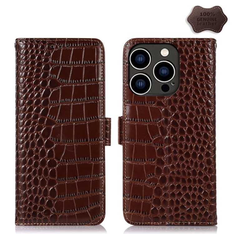  iPhone 15 Pro Fodral Läder Krokodil Textur Brun