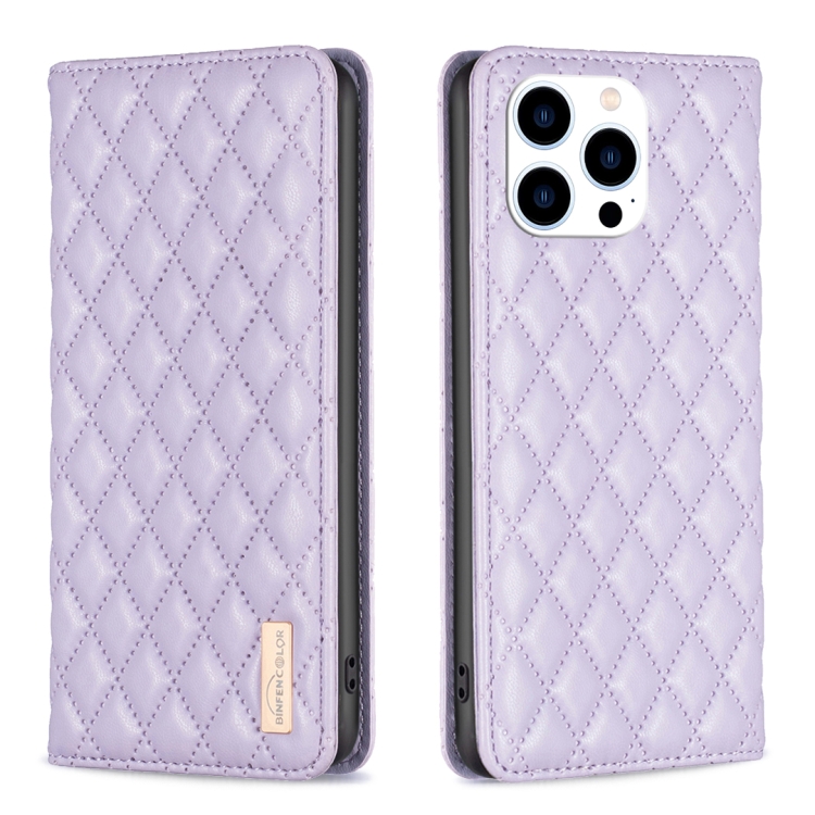 BINFEN BINFEN iPhone 15 Pro Fodral Diamond Flip Läder Lila