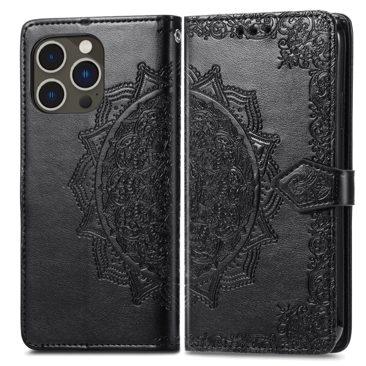  iPhone 15 Pro Fodral Mandala Läder Svart