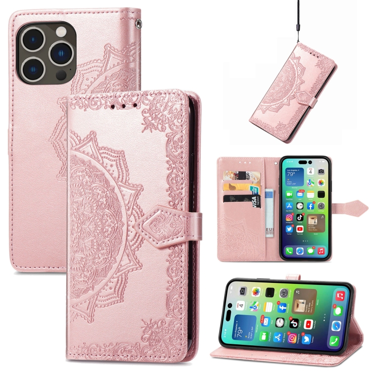  iPhone 15 Pro Fodral Mandala Läder Roséguld