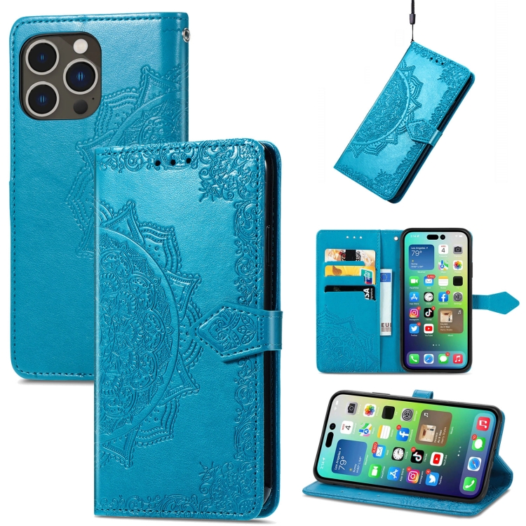  iPhone 15 Pro Fodral Mandala Läder Blå