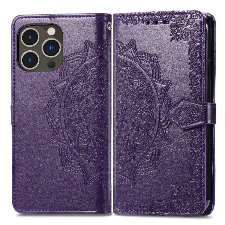  iPhone 15 Pro Fodral Mandala Läder Lila