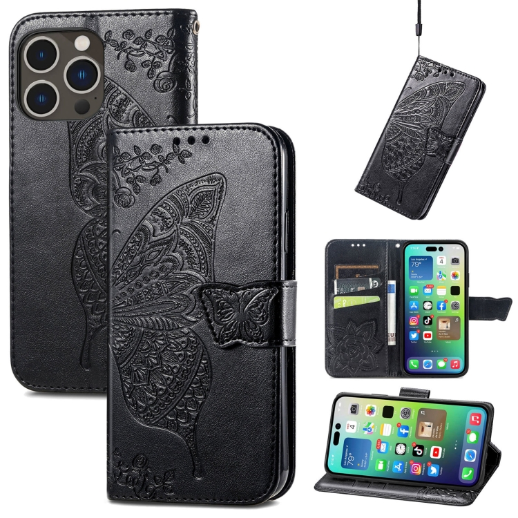  iPhone 15 Pro Fodral Läder Tryckt Fjäril Svart