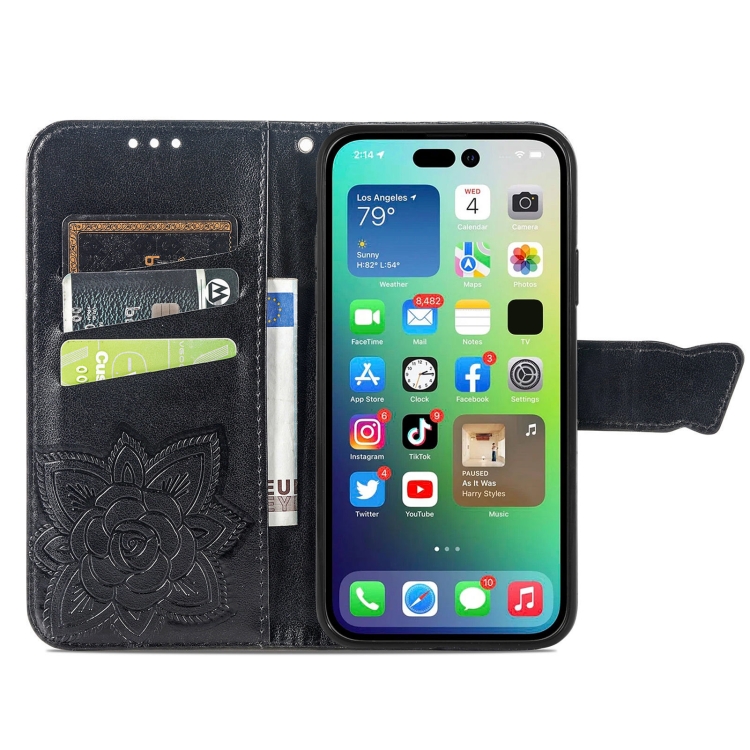  iPhone 15 Pro Fodral Läder Tryckt Fjäril Svart