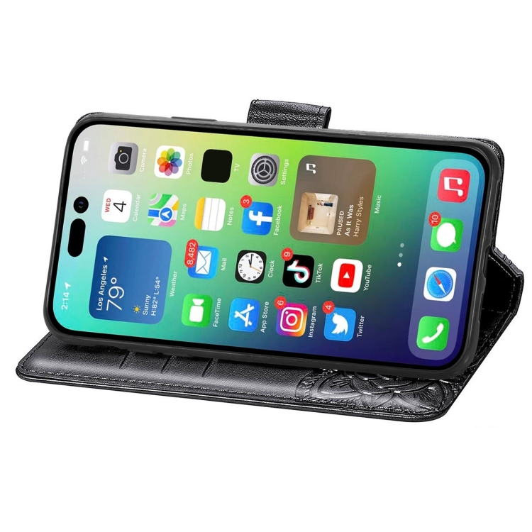  iPhone 15 Pro Fodral Läder Tryckt Fjäril Svart