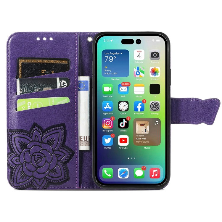  iPhone 15 Pro Fodral Läder Tryckt Fjäril Mörk Lila