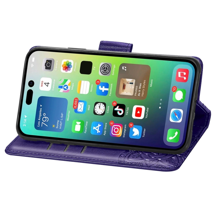  iPhone 15 Pro Fodral Läder Tryckt Fjäril Mörk Lila