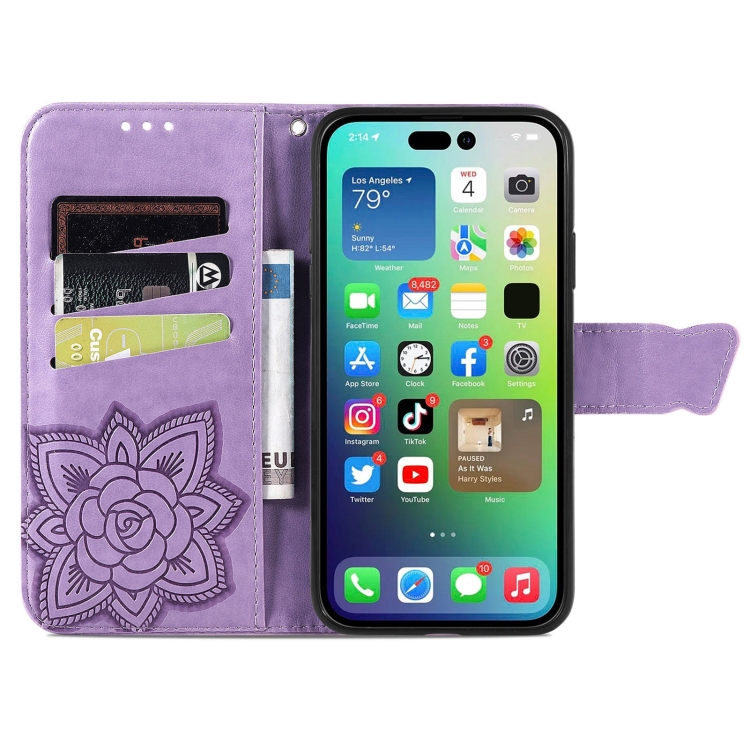  iPhone 15 Pro Fodral Läder Tryckt Fjäril Lila