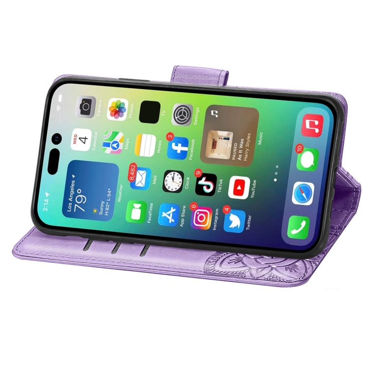  iPhone 15 Pro Fodral Läder Tryckt Fjäril Lila