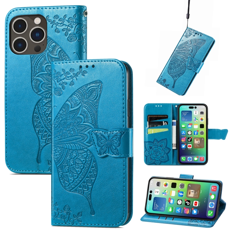  iPhone 15 Pro Fodral Läder Tryckt Fjäril Blå