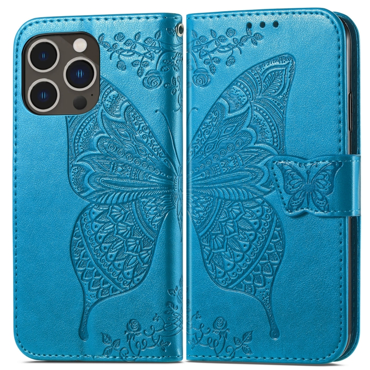  iPhone 15 Pro Fodral Läder Tryckt Fjäril Blå