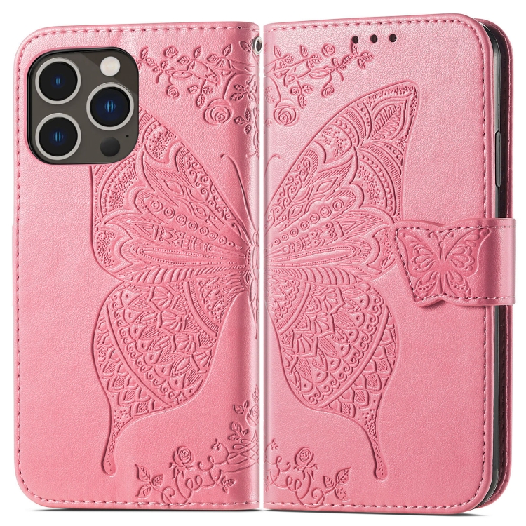  iPhone 15 Pro Fodral Läder Tryckt Fjäril Rosa