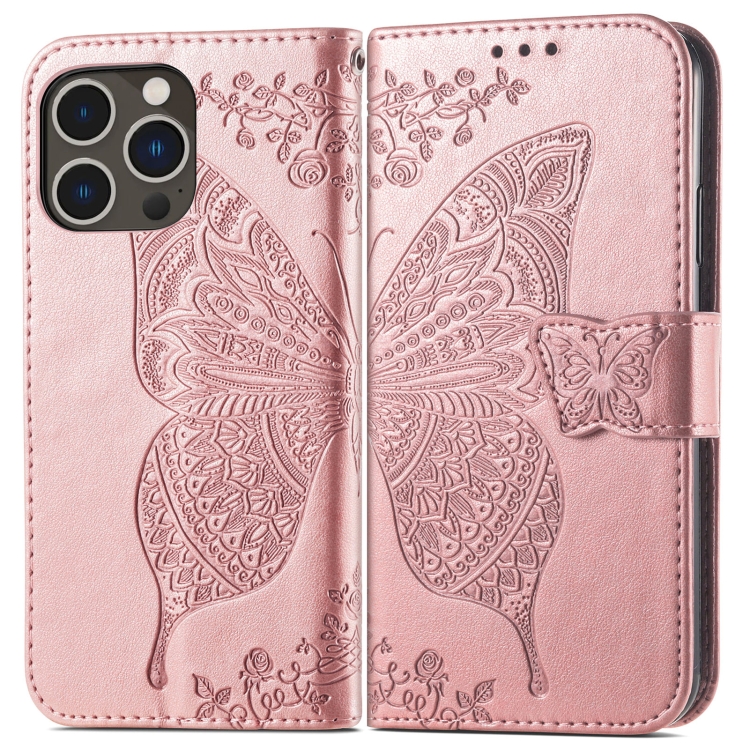  iPhone 15 Pro Fodral Läder Tryckt Fjäril Roséguld