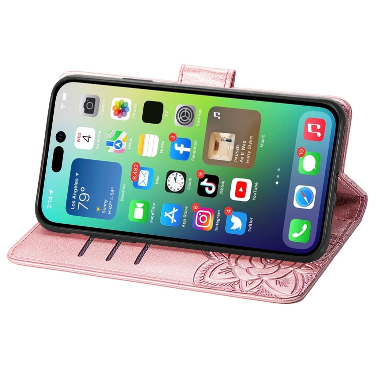  iPhone 15 Pro Fodral Läder Tryckt Fjäril Roséguld