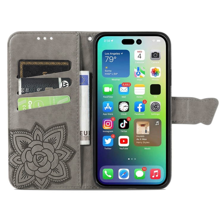  iPhone 15 Pro Fodral Läder Tryckt Fjäril Grå