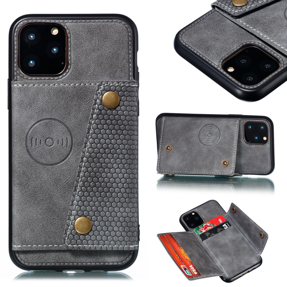  iPhone 12 / 12 Pro - Läder Skal Med Kortfack Och Magnet - Grå