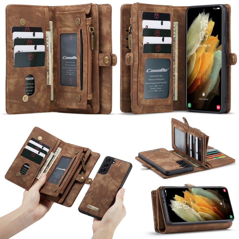 CASEME Samsung Galaxy S21 - CASEME 2-i-1 Multifunktionellt Plånboksfodral - Brun