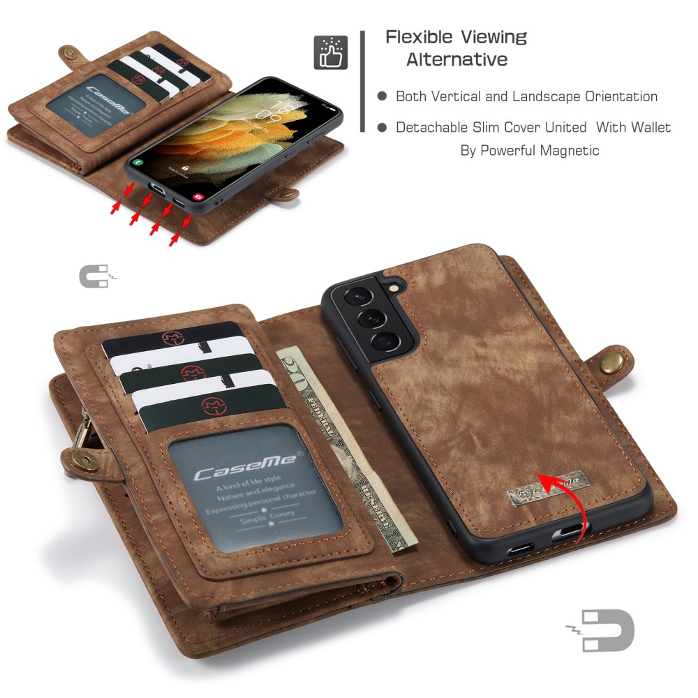 CASEME Samsung Galaxy S21 - CASEME 2-i-1 Multifunktionellt Plånboksfodral - Brun