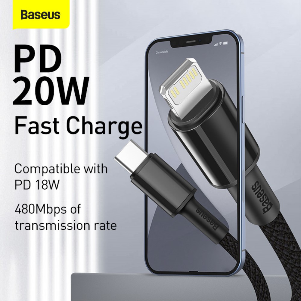 BASEUS BASEUS 2m 20W PD Type-C - Lightning Flätad Nylon Kabel - Svart