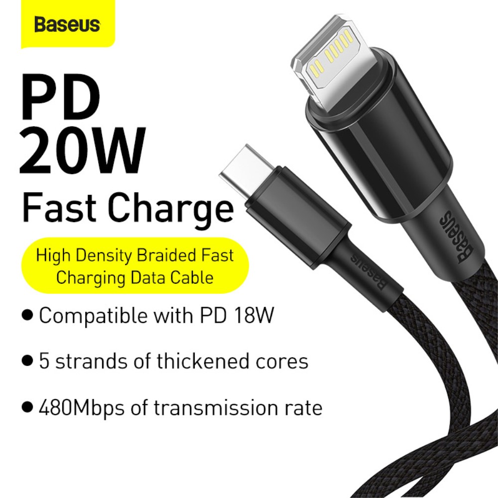 BASEUS BASEUS 2m 20W PD Type-C - Lightning Flätad Nylon Kabel - Svart
