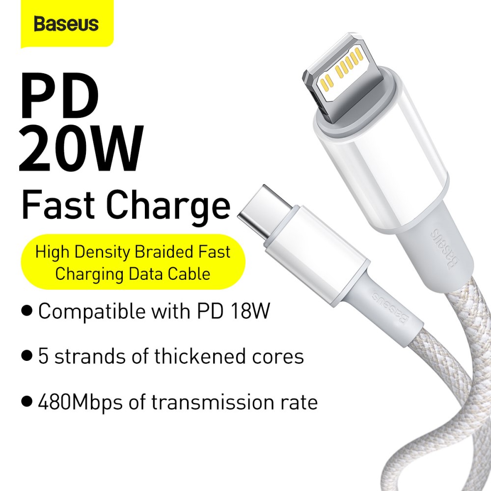 BASEUS BASEUS 2m 20W PD Type-C - Lightning Flätad Nylon Kabel - Vit