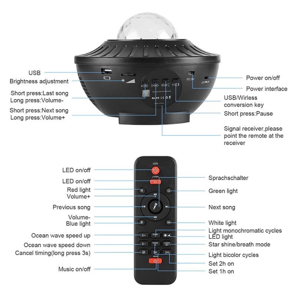  Galaxylampa / Stjärnprojektor LED Med Bluetooth Högtalare