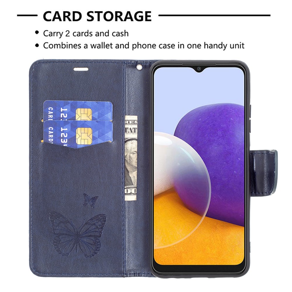  Samsung Galaxy A22 5G - Butterfly Läder Fodral - Mörk Blå