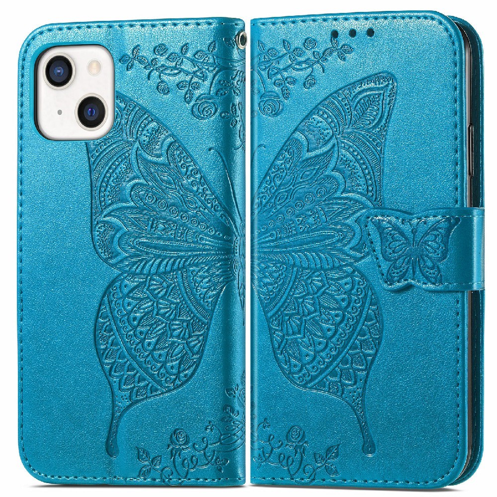  iPhone 13 - Butterfly Print Läder Fodral - Blå