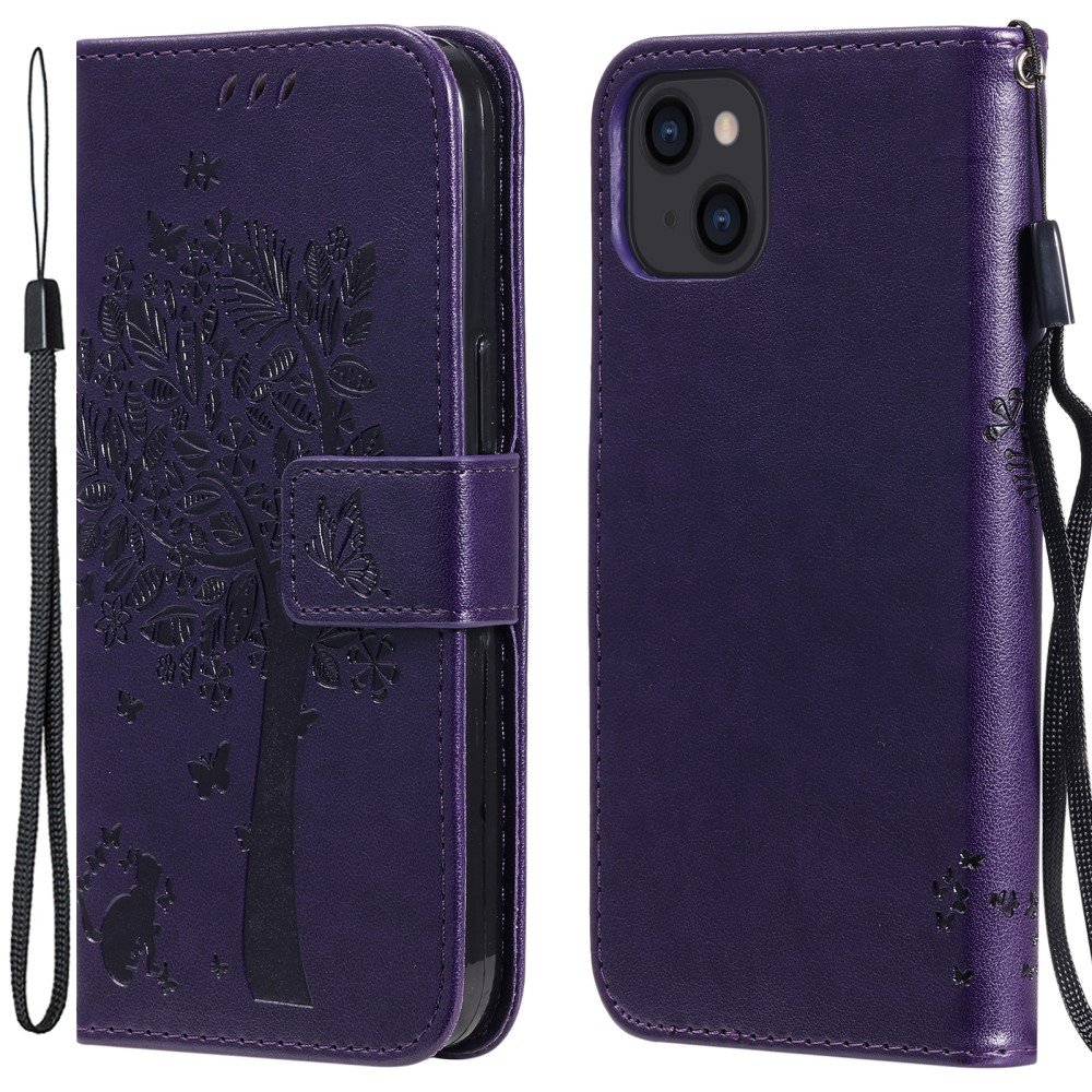  iPhone 13 - Tryckt Träd/Katt Design Fodral - Mörk Lila