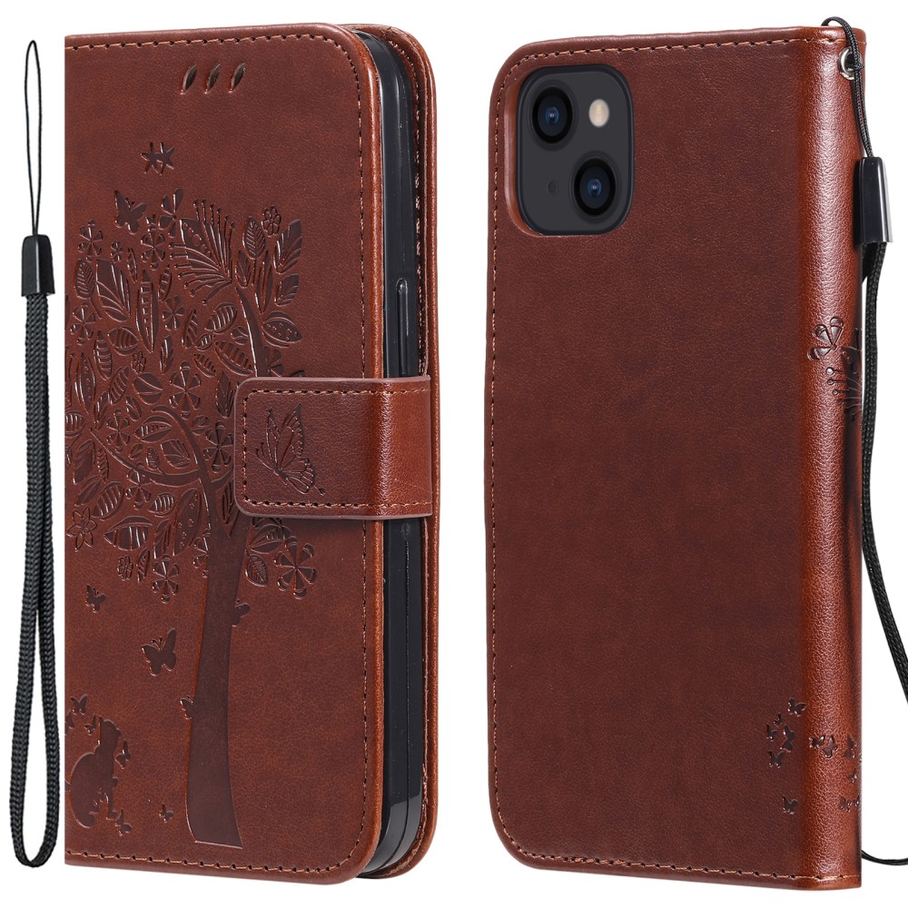  iPhone 13 - Tryckt Träd/Katt Design Fodral - Brun