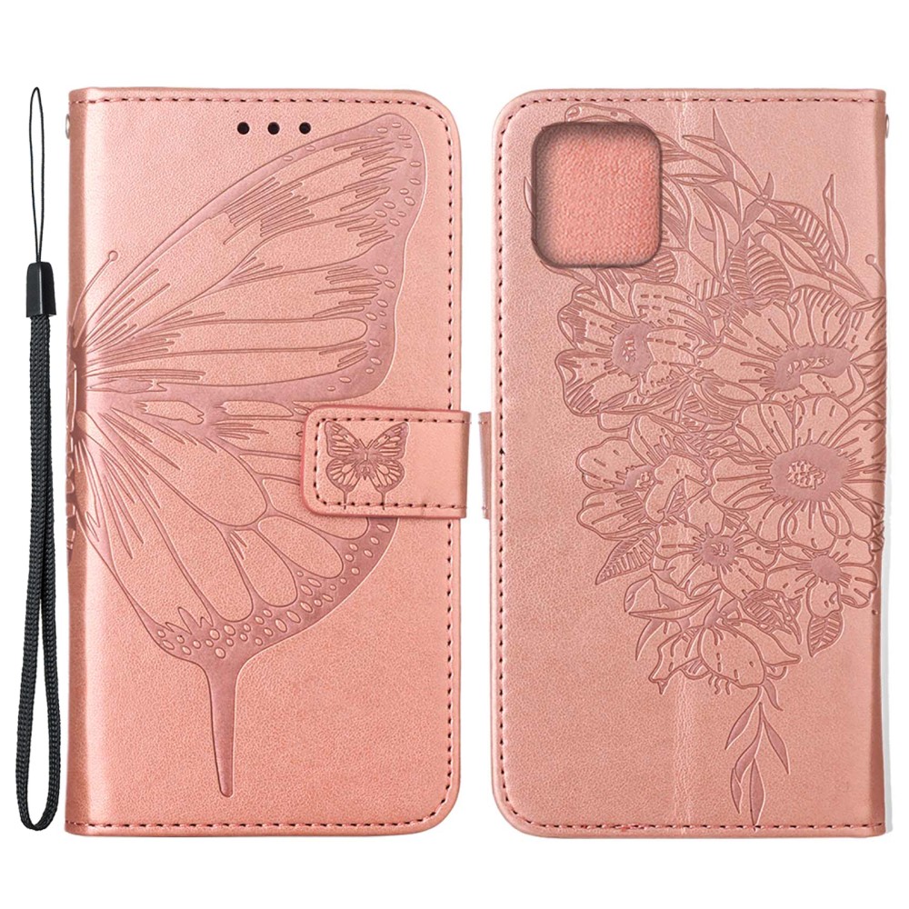  iPhone 13 Pro - Butterfly Tryck Läder Fodral - Roséguld