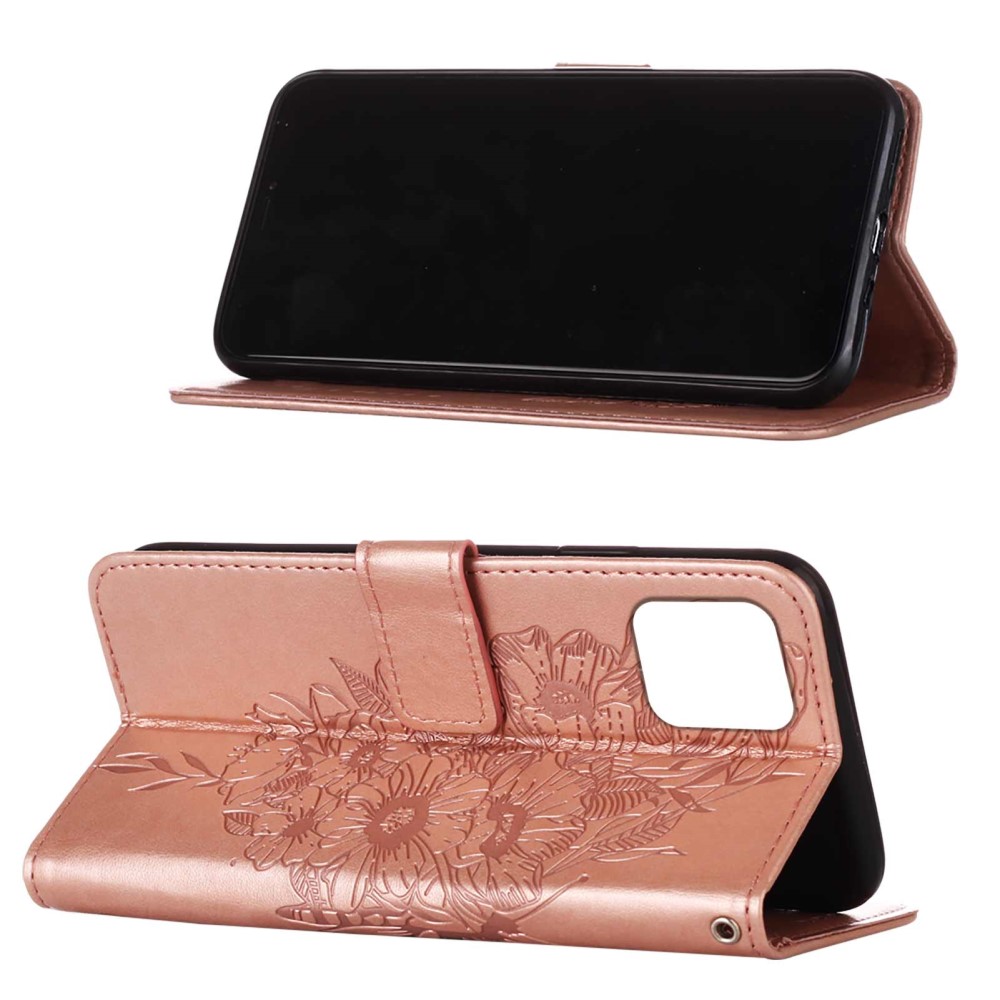  iPhone 13 Pro - Butterfly Tryck Läder Fodral - Roséguld