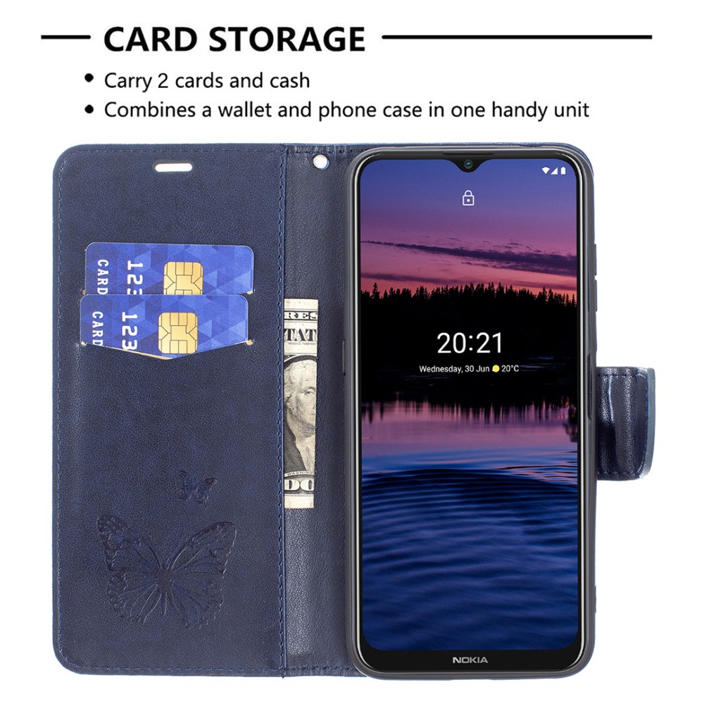  Nokia G10 / G20 Fodral Tryckt Butterfly Läder Mörk Blå