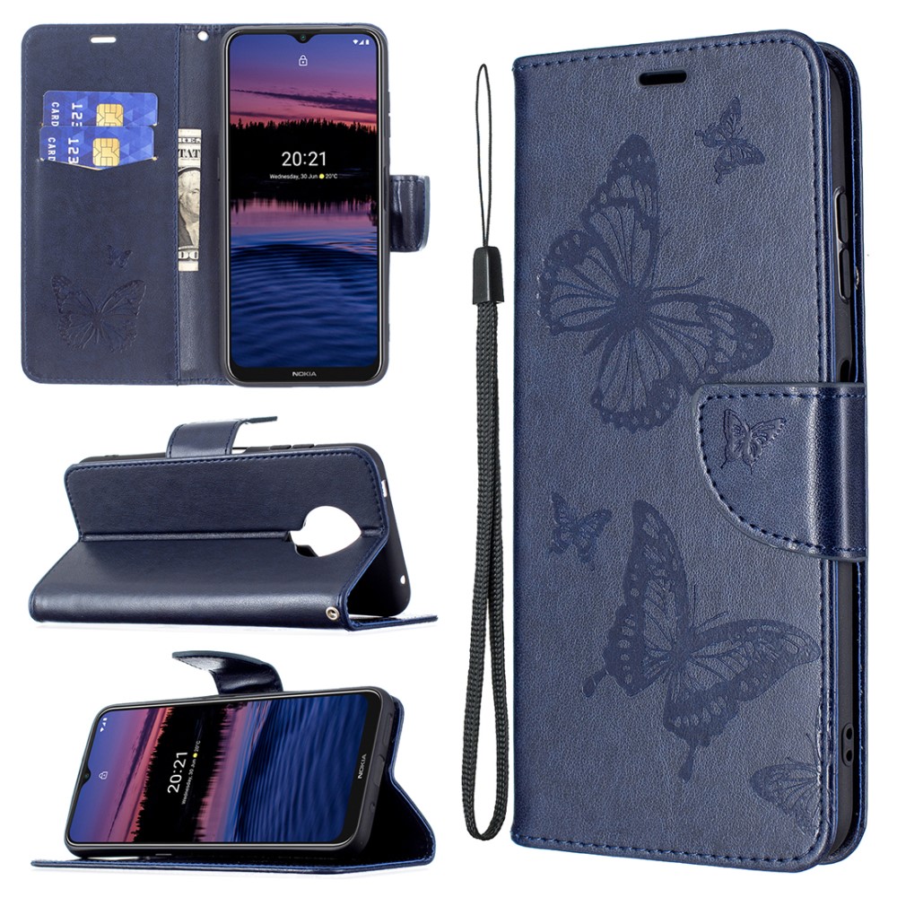  Nokia G10 / G20 Fodral Tryckt Butterfly Läder Mörk Blå