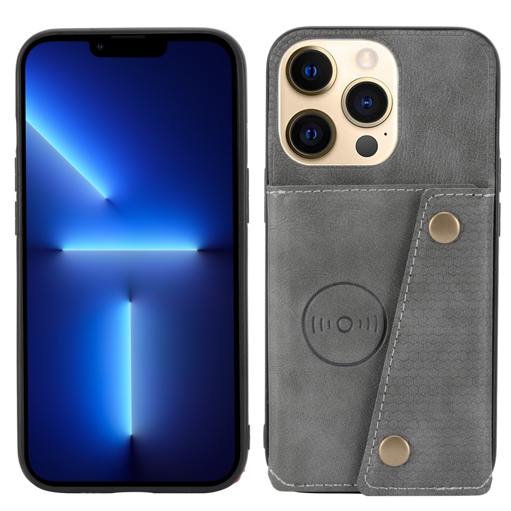  iPhone 13 Pro Max Skal Läder Med Kortfack Och Magnet Grå