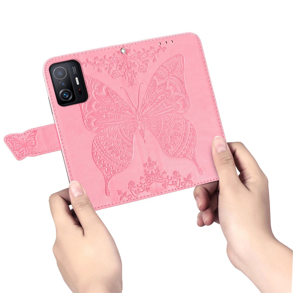  Xiaomi 11T / 11T Pro Fodral Läder Butterfly Rosa