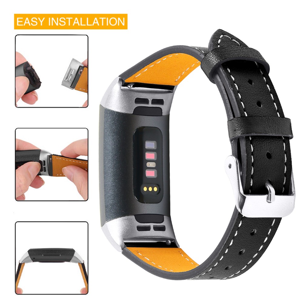  Äkta Läder Armband Fitbit Charge 3 / 4 Svart
