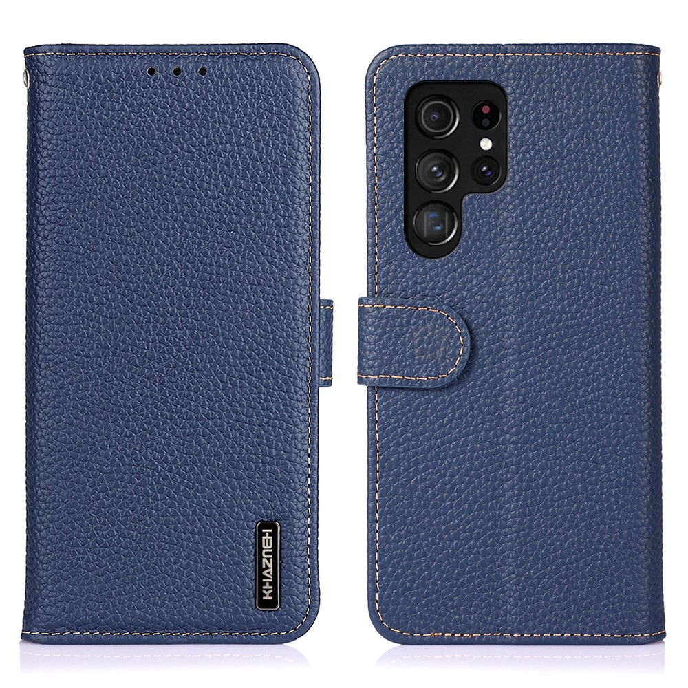 KHAZNEH KHAZNEH Samsung Galaxy S22 Ultra Fodral Litchi Äkta Läder Blå