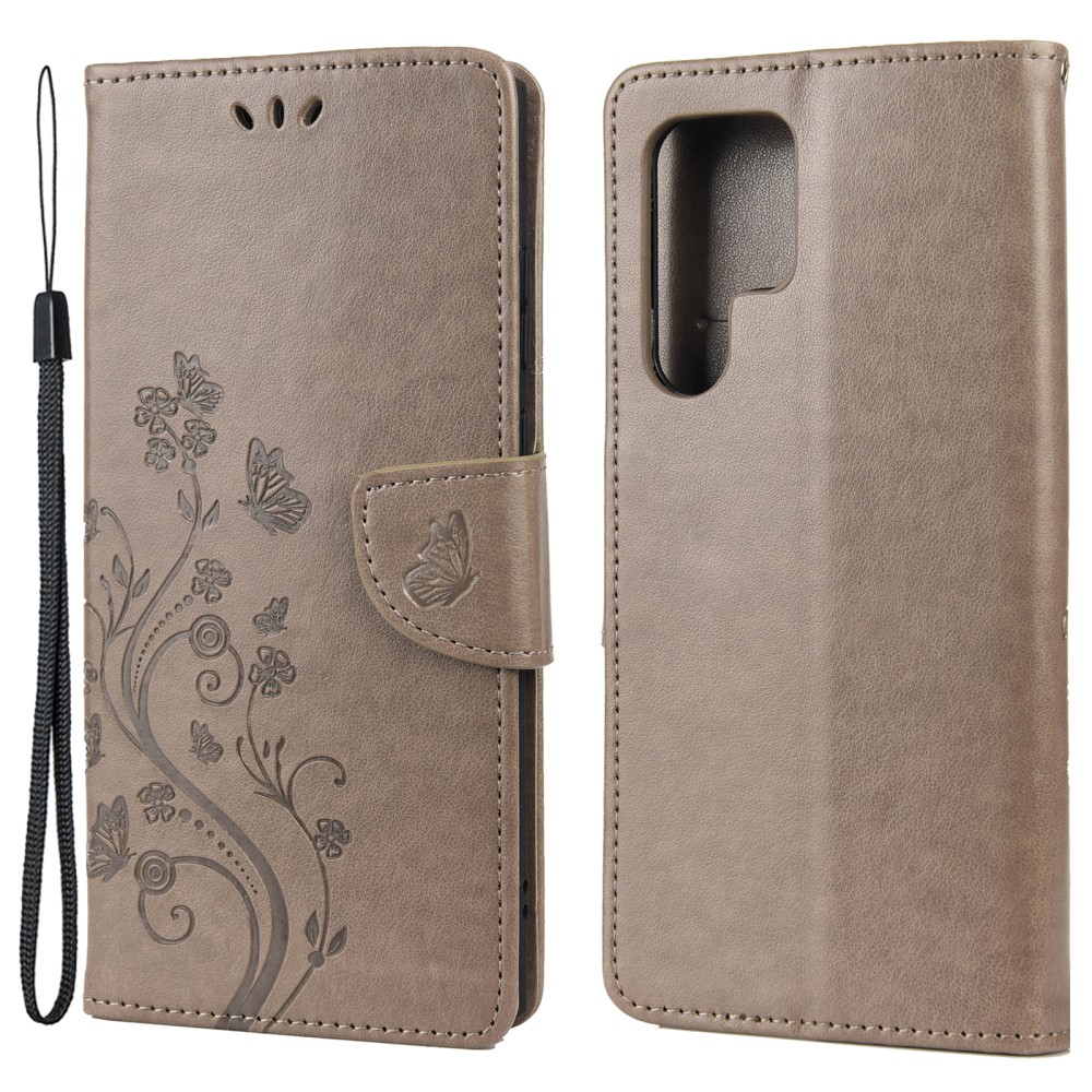  Samsung Galaxy S22 Ultra Fodral Tryckta Fjärilar Grå