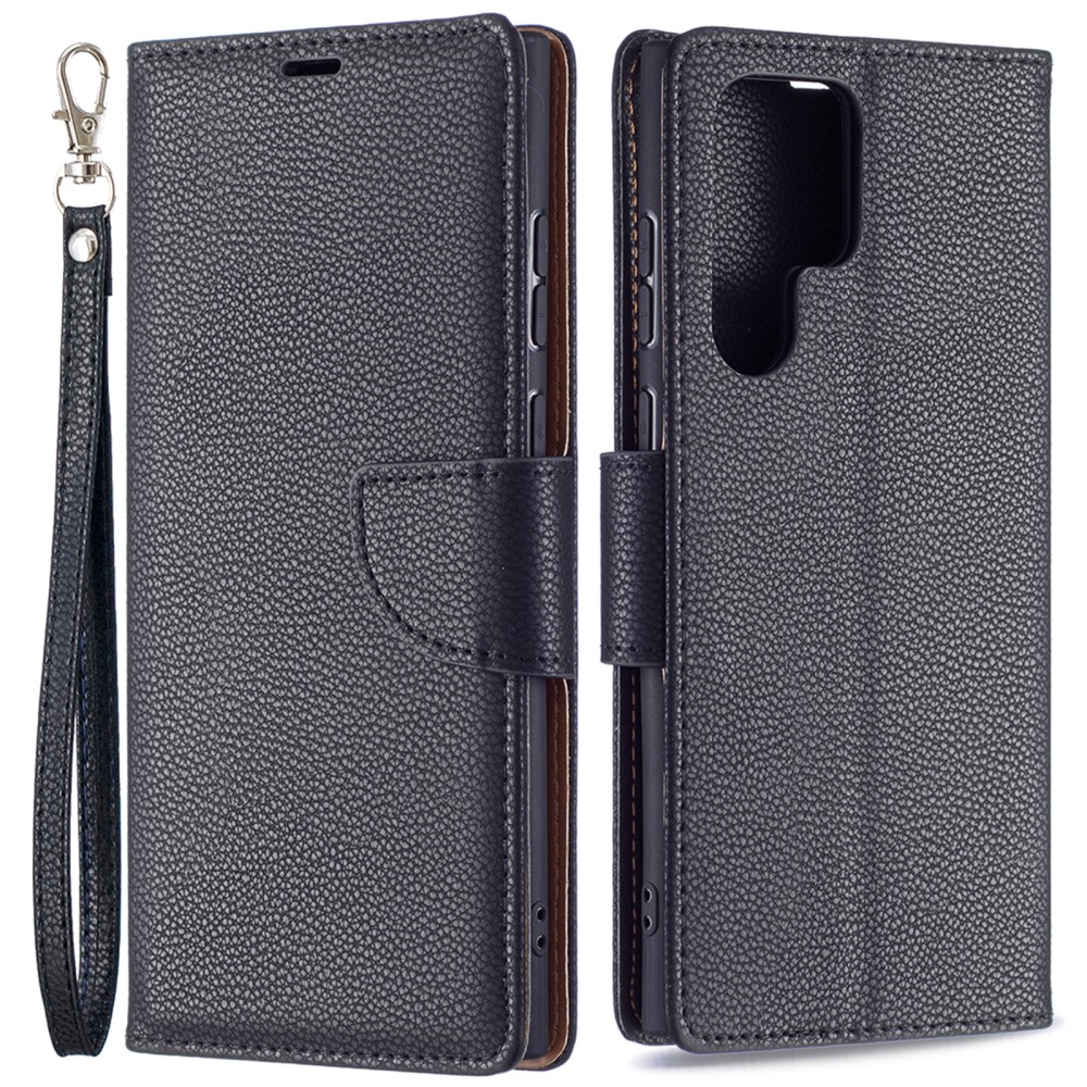  Samsung Galaxy S22 Ultra Fodral Litchi Textur Svart