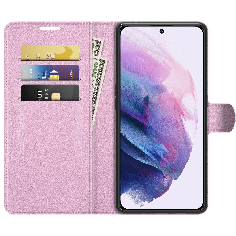  Samsung Galaxy S22 Plus Fodral Litchi Textur Ljus Rosa