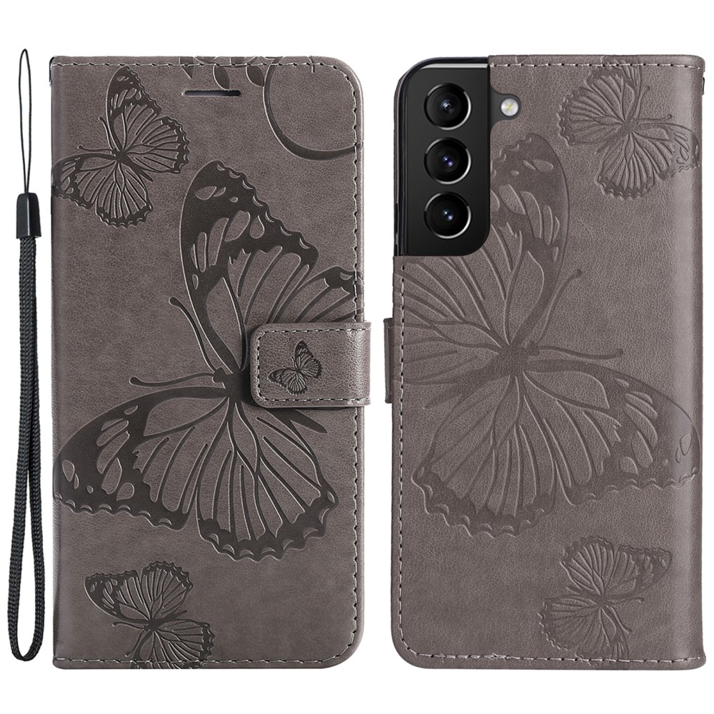  Samsung Galaxy S22 Plus Fodral Fjärilar Tryckt Läder Grå