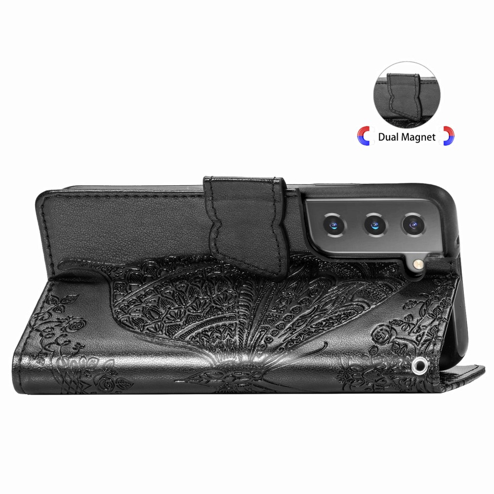  Samsung Galaxy S22 Plus Fodral Butterfly Tryckt Läder Svart
