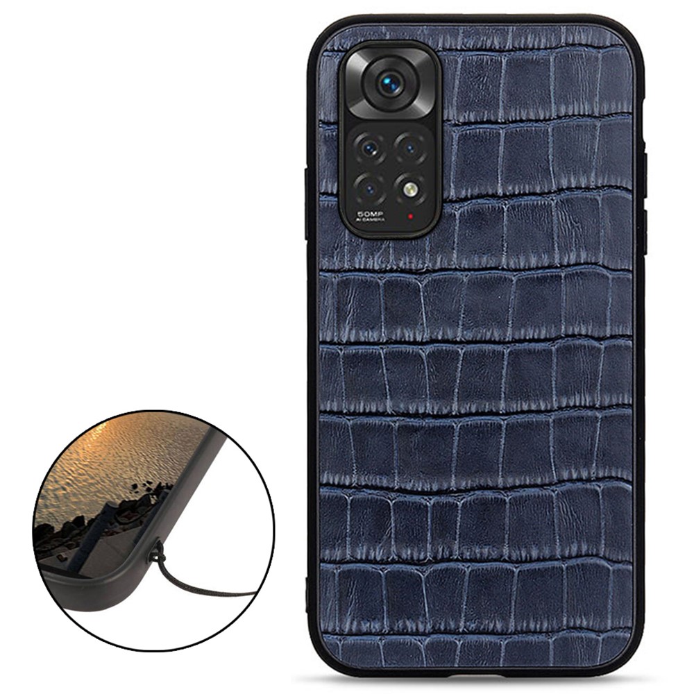  Xiaomi Redmi Note 11 4G Skal Äkta Läder Krokodil Textur Blå