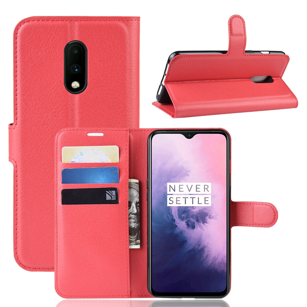  OnePlus 7 - Litchi Plånboksfodral - Röd