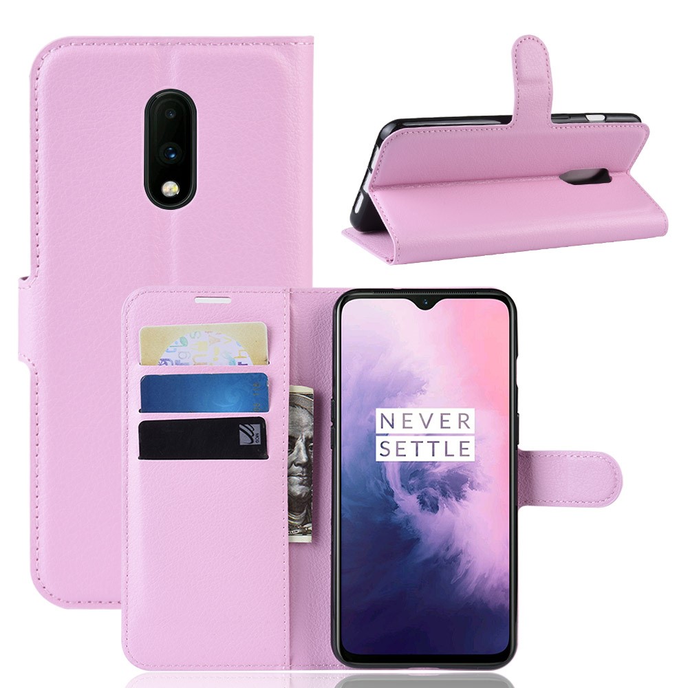  OnePlus 7 - Litchi Plånboksfodral - Ljus Rosa