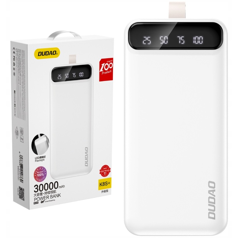DUDAO Dudao 30000 mAh Power Bank 3x USB med LED-display - Vit