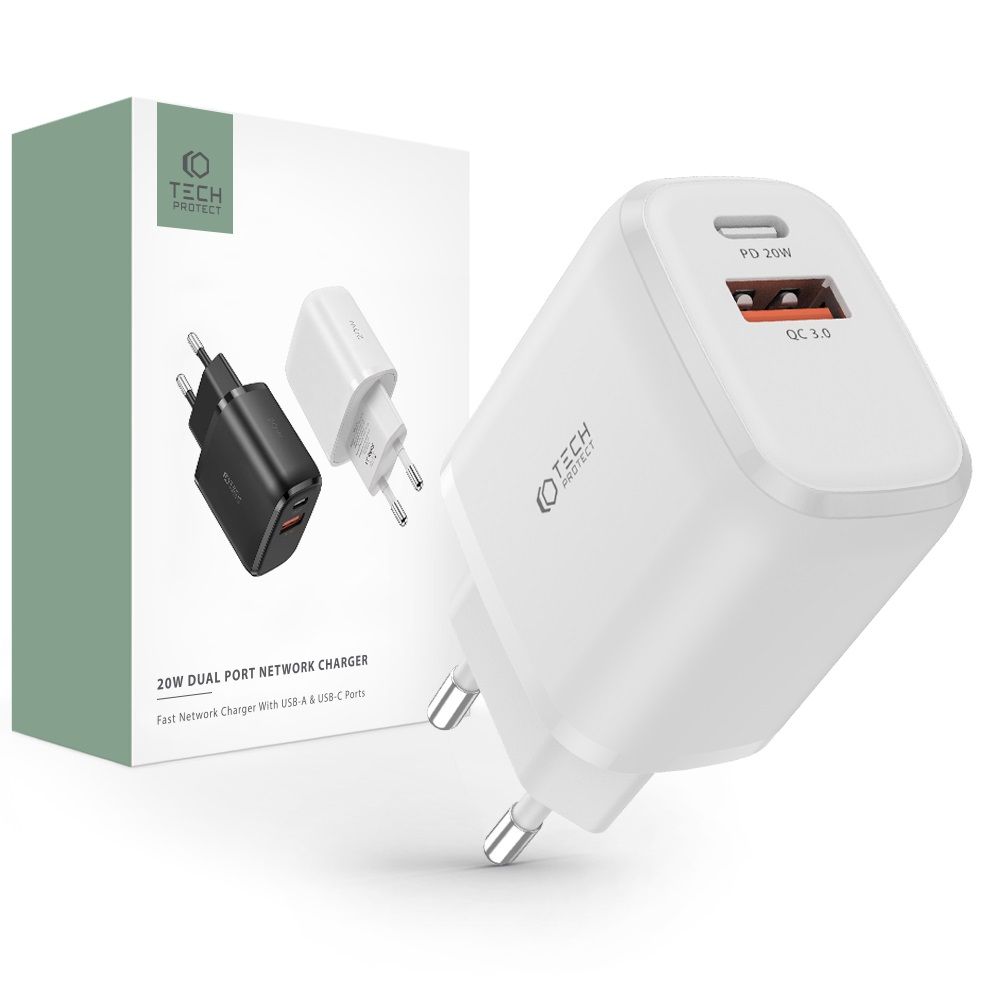 Tech-Protect Tech-Protect 20W Väggladdare PD QC USB-C / USB-A Vit