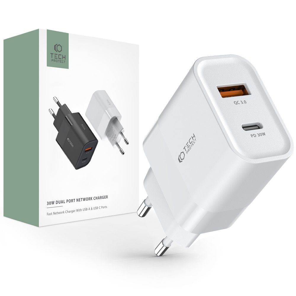 Tech-Protect Tech-Protect 30W PD QC USB-C / USB-A Väggladdare Vit